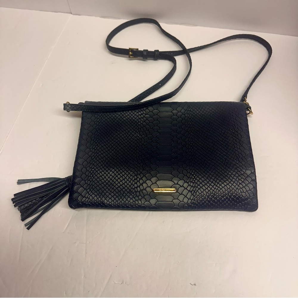 Gigi New York Stella‎ Fold-over Clutch in navy blue python-embossed leather.